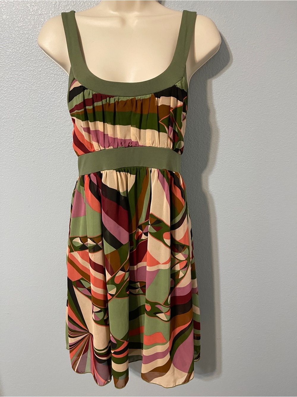 Vtg Women’s Dress Y2K Abstract Geometric Print Olive Green Boho Retro Mod Small